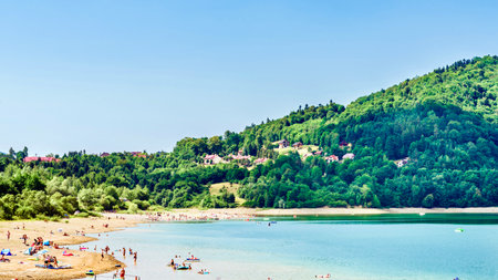 Landscape of the shore of the lake on a sunny summer dayの写真素材