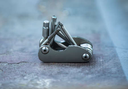isolated metal chrome bicycle tools, close up bokeh effectの写真素材