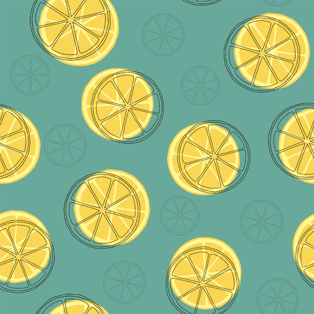 Seamless pattern with lemons on a green background. Vector.のイラスト素材