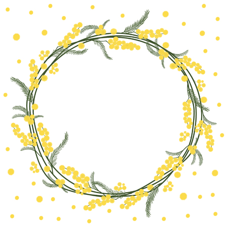 Spring floral round frame with yellow mimosa Vector.のイラスト素材