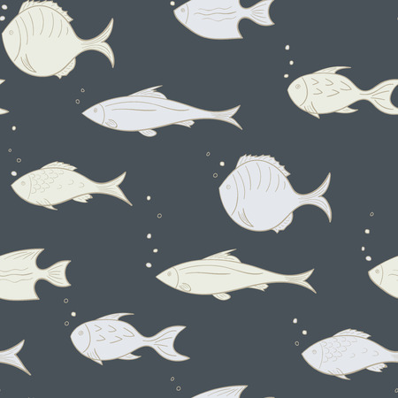 Seamless pattern with white fish on a dark background. Vector illustration.のイラスト素材