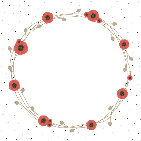 Flower round frame with red poppies and seeds. Vector.のイラスト素材