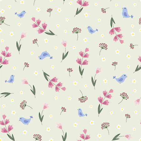 Floral seamless pattern with flowers and birds. Vector.のイラスト素材