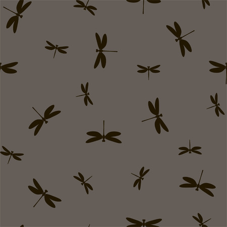 Seamless pattern with black silhouettes of dragonflies on a gray background. Vector.のイラスト素材