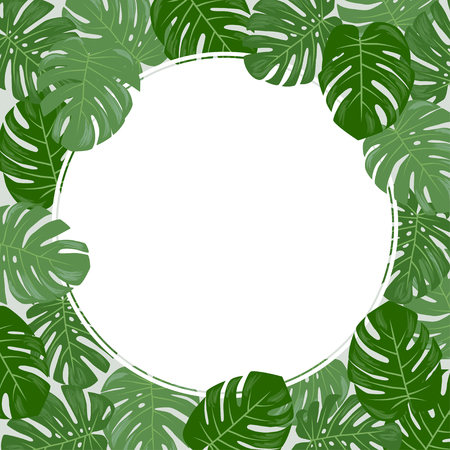 A tropical round white frame with green monstera leaves vector illustration.のイラスト素材