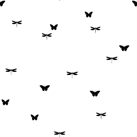 Black dragonflies and butterflies on a white background. Vector.のイラスト素材