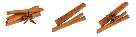 Set of isolated pictures with cinnamon and anise. Spice.