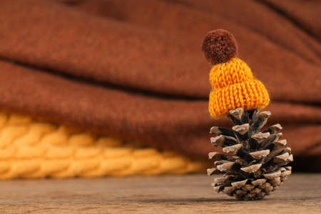 Cozy background with pine cone, hat and knitted items. Winter mood.