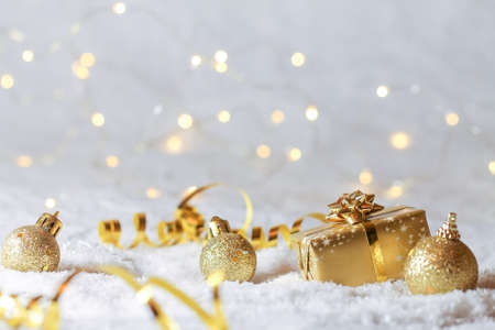 Festive background with christmas decorations, gift and lights. Christmas.
