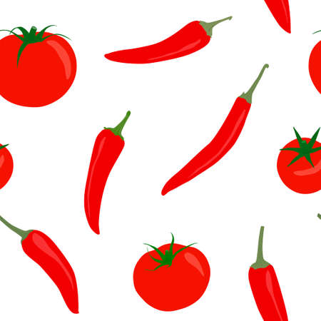 Vegetable seamless pattern with ripe peppers and tomatoes. Food.のイラスト素材