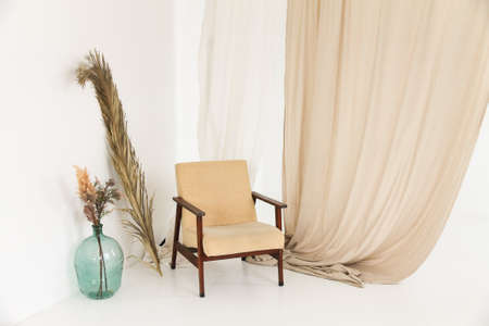 An armchair, a bottle with a plant, a palm leaf and a curtain in the room.の写真素材