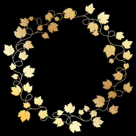 Round golden frame with grape leaves. Template.のイラスト素材