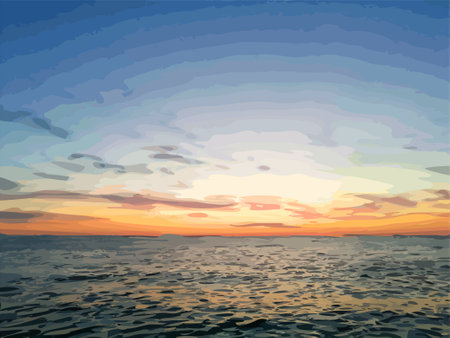 Rising sun from the sea to the cloudy sky. Seascape.のイラスト素材
