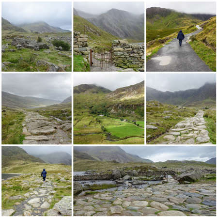 Collaged photo of foggy Wales in autumn, Snowdonia National park, UKの写真素材