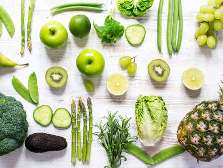 Health concept, top view of green fruits and vegetablesの写真素材