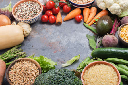 Different vegetables and grains, copy space for text, selective focusの写真素材