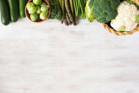 Top view of green fruits and vegetables