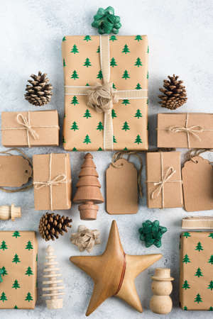 Top view of brown boxed Christmas presentsの写真素材