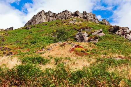 Rocks at the Roaches, Peak District National park, view of the stone hills and field, selective...