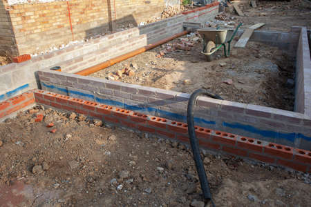 Foundation work of the house, blockwork, selective focus