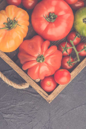 Selection of organic large heirloom and cherry tomatoes in wooden tray on dark blue concrete...