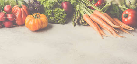 Fresh raw vegetables on off white background, toned, long photo banner, copy space for text, selective focusの写真素材