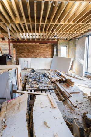 Demolition of the existing wall between the house and new extension. DIY renovation project, selective focusの写真素材