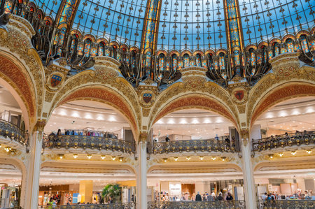 Paris, France - August 26 2022: Beautiful dome in Galeries Lafayette in Paris, France. Art nouveau or Art deco style stained glassのeditorial素材