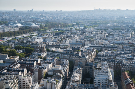 Panoramic view from second floor of Eiffel tower in Paris. View of the buildings, parks
