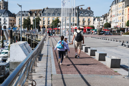 Dieppe, France - August 29 2022: tourists walking in the harbour in Dieppe, fishing port on the Normandy coast in northern Franceのeditorial素材