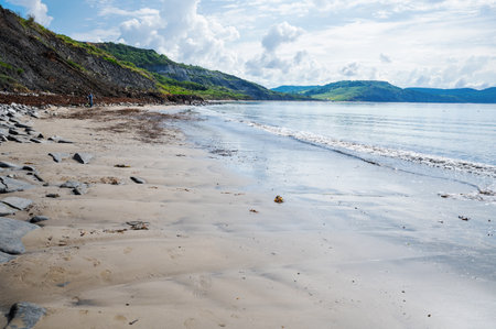 Famous Lyme Regis beach, site in Dorset, South West England. View of stones and liffs and blue sea. The beach is full of fossils. Selective focusの写真素材