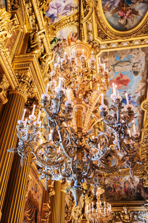 Paris, France - August 28 2022: Interior of Opera Garnier in Paris, which was built between 1861-1875. Paris Opera house. Beautiful golden walls and painted ceilings, selective focusのeditorial素材