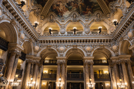 Paris, France - August 28 2022: Interior of Opera Garnier in Paris, which was built between 1861-1875. Paris Opera house. Beautiful golden walls and painted ceilings, selective focusのeditorial素材