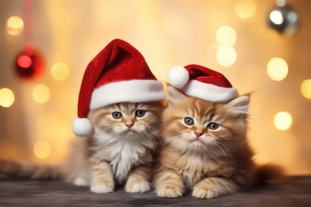 Two ginger kittens in Santa hats laying in front of blurred Christmas tree, blurred golden lights bokeh background, selected focus.の素材
