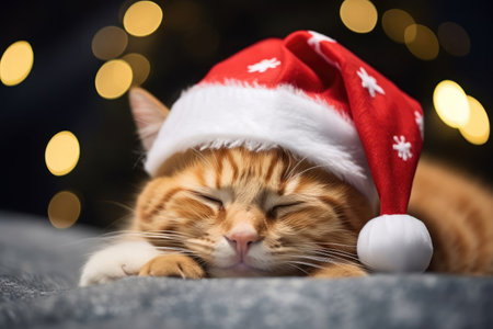 Cat and dog laying in front of blurred golden christmas bokeh backgroundの素材