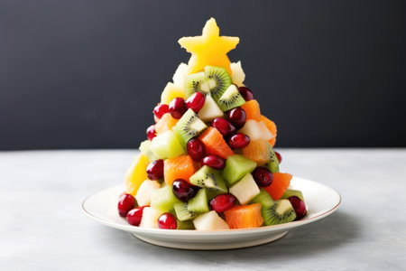 Fruit salad in the shape of Christmas tree with strawberries, kiwis grapes nadの素材