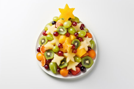 Fruit salad in the shape of Christmas tree with oranges, kiwis grapes and other fruits with yellow star on topの素材