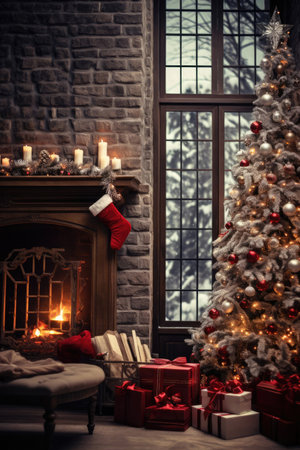 Cosy Christmas interior of a traditional old house with open fireplace with flame, decorated Christmas treeの素材