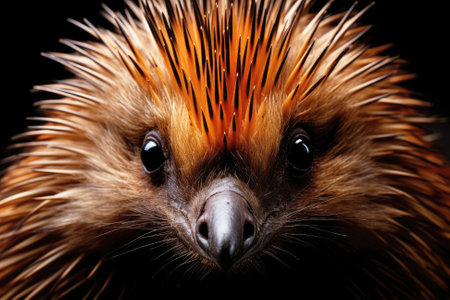 Macro photo close up of echidna on black backgroundの素材