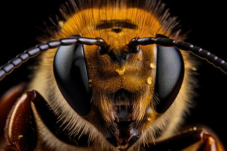 Macro extreme close up of the bee on black backgroundの素材