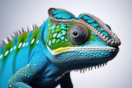 Beautiful blue green colored chameleon macro photo close up on white backgroundの素材