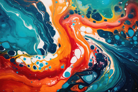 Acrylic paint pouting effect in red, orange, blue, white colors. Creative colorful backgroundの素材