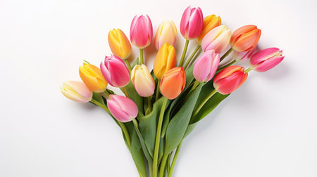 Red, pink and yellow tulips on white background, for mothers day. Spring backdrop, top viewの素材