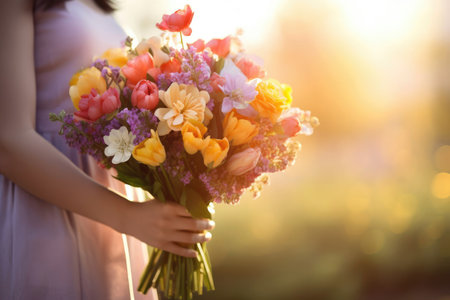 Womans hands holding spring flowers bouquet in her hands, against the sun, blurred backgroundの素材