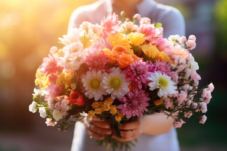 Womans hands holding spring flowers bouquet in her hands, against the sun, blurred backgroundの素材