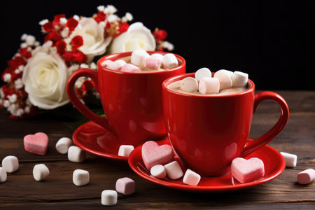 Hot chocolate with pink heart marshmallows in the red cups, beautiful red and white roses on the background, valentines day or 14 of february conceptの素材