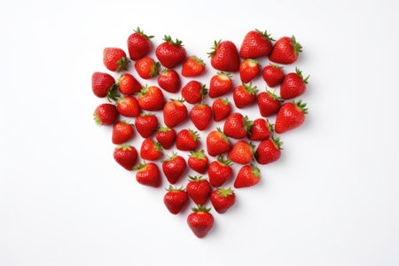 Creative background made of red strawberries in the shape of heart, top view on whiteの素材