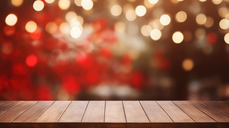 Mock up, empty wooden table with beautiful red and golden bokeh backgroundの素材
