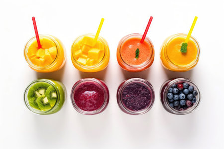 Top view of eight colorful smoothies made with fresh fruits and berries on the white table, with straws, decorated with kiwis, blueberriesの素材