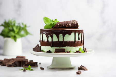 Chocolate and mint cake on white stand with chocolate ganache dripping on the sides, light backgroundの素材